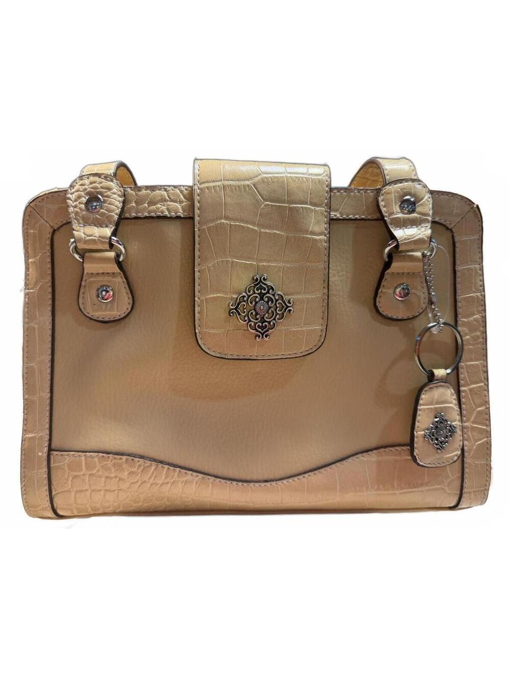Beige Faux Leather Satchel Handbag with Croc-Embossed Trim and Top Handles